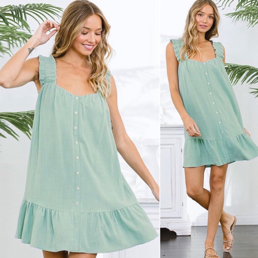 TIME AFTER TIME Women’s Rayon/Linen Blend Sage Ruffle Strap Mini Dress